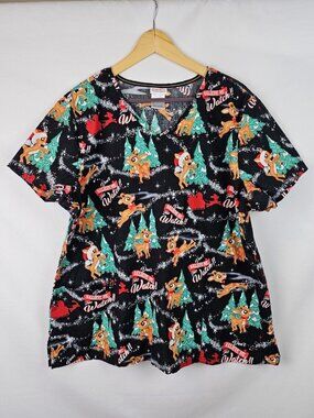 Rudolph The Red Nosed Reindeer Scrub Top Women's Plus Size 2X Christmas Shirt